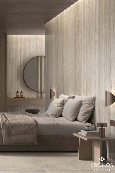 Travertine Bedroom, Interior Room Decoration, Feature Wall Bedroom, Look Wallpaper, Bedroom Design Inspiration, Travertine Floors, Bedroom Flooring, Main Bedroom, Bedroom Wall