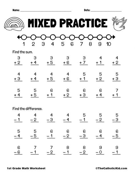 Practice Addition & Subtraction - 1st Grade Math Worksheet Catholic - TheCatholicKid.com First Grade Addition And Subtraction Worksheets, Grade 1 Math Addition Worksheet, Addition Work Sheets 1st Grades, 3rd Grade Math Worksheets Subtraction, 1st Grade Math Subtraction Worksheets, Math Activity Sheets For Grade 1, Math Worksheet 1st Grade, Addition Subtraction Worksheet Kindergarten, Math Practice Worksheets 1st Grade