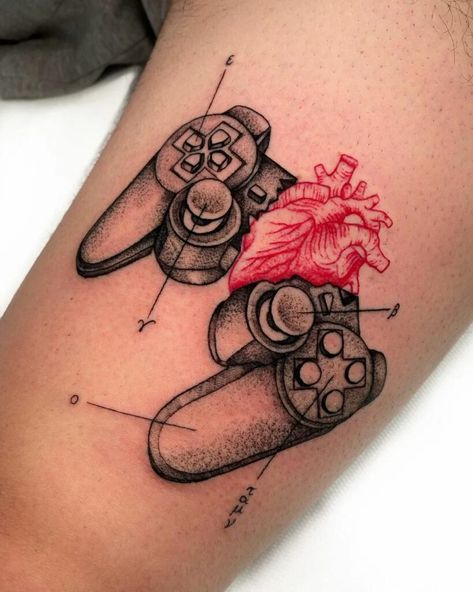 Playstation Tattoo Ideas, Playstation Tattoo, Wolf Tattoo Forearm, Nintendo Tattoo, Arm Tattoos For Guys Forearm, Button Tattoo, Brain Tattoo, Tattoo Catalog, Gamer Tattoos