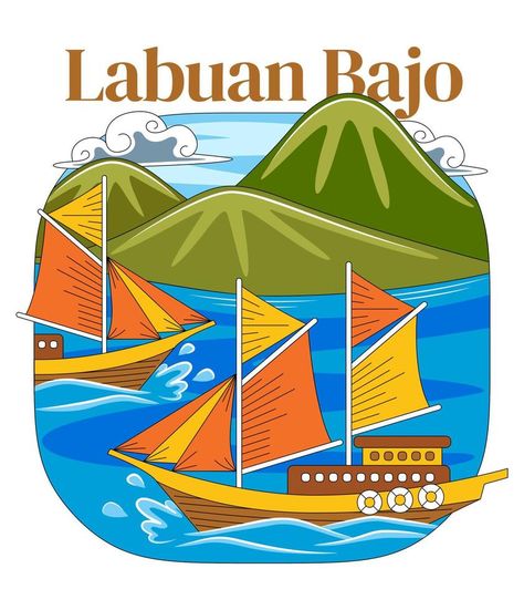 Labuan Bajo Vector Illustration Labuan Bajo, City Branding, Doodle Vector, Vector Banner, Labuan, Komodo, Flat Design, Stock Vector, Vector Free