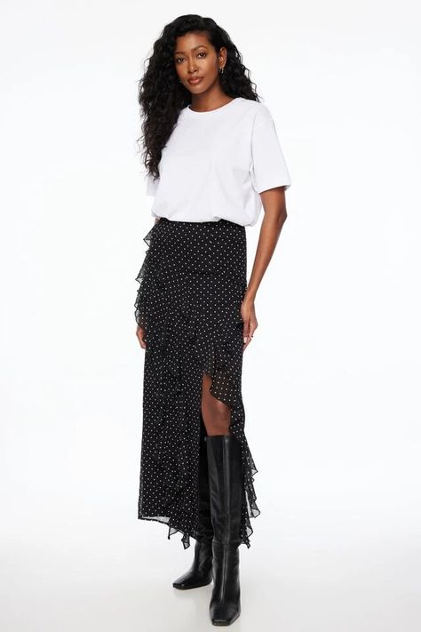 Ruffled Polka Dot Maxi Skirt Black & Cream Polka Dots Polka Dot Skirt Outfit, Dot Skirt Outfit, Polka Dot Maxi Skirt, Style Staples, Faux Leather Midi Skirt, Leather Midi Skirt, Miniskirt Outfits, Polka Dot Skirt, Polka Dot Pattern