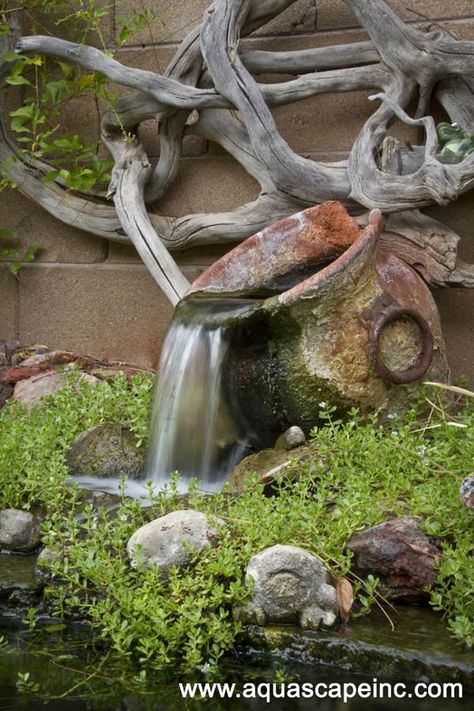 Putting in a garden fountain-Rustic Urn Garden Fountain with driftwood in background....LOVE this!!!!!! Garden Water Features, Garden Water Feature, Pond Water Features, Pond Landscaping, Backyard Water Feature, Water Features In The Garden, Water Gardens, Garden Fountain, Garden Water