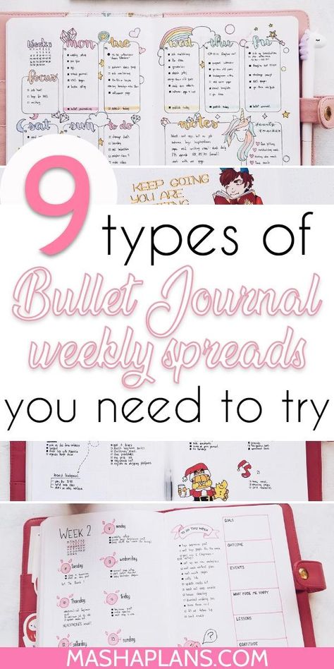 Bullet Journal weekly spreads are some of the most useful spreads you can have in your BuJo. But how to set up the one that fits you? How to find a Bullet Journal weekly spread format that would work for you? Take a look at these 9 different types of a weekly log, including tips on how to choose the perfect spread for you. #mashaplans #weeklyspread #bulletjournal #bujoideas Journal Sample, Types Of Bullet Journals, Weekly Log, Journal Weekly Spread, Bujo Weekly Spread, Bujo Layout, Bullet Journal For Beginners, Bullet Journal Weekly, Creating A Bullet Journal