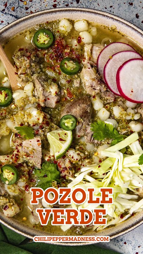 Pozole Verde served in a big bowl. Pozole Recipe Pork, Pasole Recipe, Pozole Verde Recipe, Pork Verde, Green Pozole, Pork Posole, Posole Recipe, Pozole Verde, Pozole Recipe