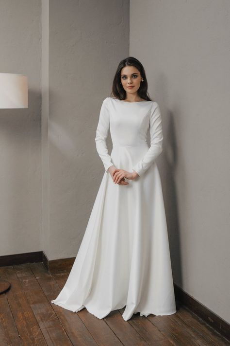 Satin Aline Wedding Dress, Romantic Wedding Dress With Sleeves, Dress With Low Back, Simple Bridal Gowns, Grey Wedding Dress, Satin Bridal Gowns, Long Sleeve Wedding Gowns, Long Sleeve Wedding Dress, Aline Wedding Dress