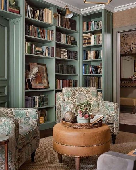 Living Room Book Shelves Built Ins, Green Library Bedroom, Small Moody Home Library, French Library Room, Library Room Green, Whimsical Home Library, Whimsical Library Room, Sage Bookshelf, Sage Green Library