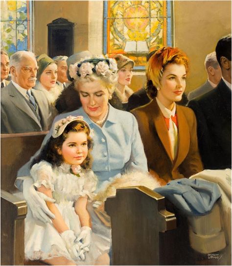 1950s family at church Andrew Loomis, Vintage Housewife, Country Church, Vintage Life, Pulp Fiction, Vintage Pictures, Mothers Love, Art Auction, Vintage Ads