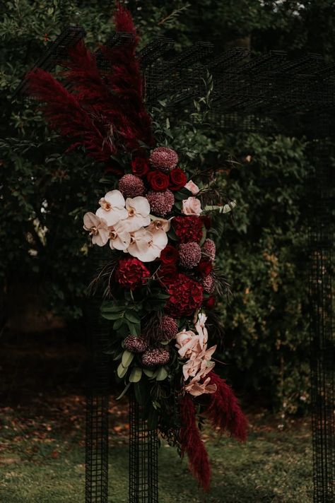 LISA Burgundy Theme Wedding, Oxblood Wedding, Moody Modern Wedding, Arbour Ideas, Kate Wedding Dress, Grunge Wedding, Adelaide Wedding, Dark Wedding Theme, Flower Installation