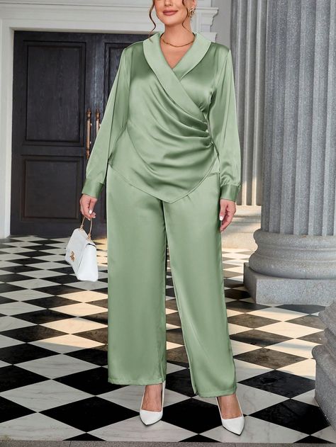 2 Pieces/Set Plus Size Elegant Wrap-Around Cross V-Neck Long-Sleeved Pleated Suit Collar Satin Shirt And Straight-Leg Elegant Commuting Workplace High-End Venue Concert Straight-Leg Casual Pants Mint Green       Non-Stretch  Women Plus Clothing, size features are:Bust: ,Length: ,Sleeve Length: Green Dress Pants, Dress Pant Suit, Sage Green Dress, Set Plus Size, Plus Size Elegant, Suit Collar, Retro Hairstyles, Satin Shirt, Bow Hair Clips