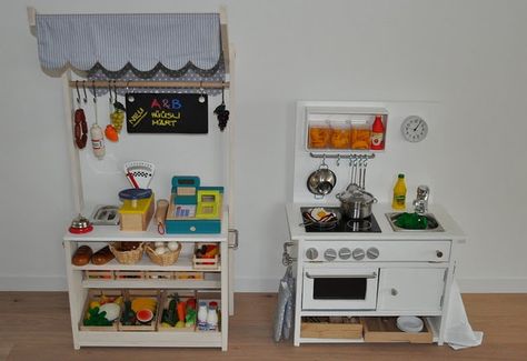 Play kitchen and market stall Ikea Hack  -Love it! If we didn't already have a play kitchen I would be all over this! Ikea Rast Nightstand, Ikea Play Kitchen, Play Kitchens, Market Stands, Kids Play Kitchen, Diy Play Kitchen, Ikea Hackers, Market Stall, Market Stalls