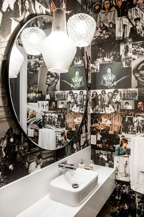 Wallpaper In House, Rock And Roll Wallpaper, Trickle Creek Homes, Powder Room Wallpaper, Designer Homes, Barber Shop Decor, Diy House Renovations, Decoration Restaurant, Bathroom Inspiration Decor