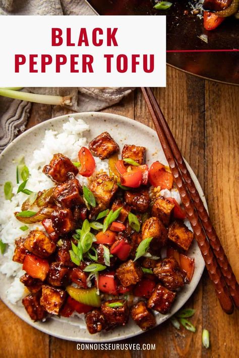 This crispy black pepper tofu is smothered in spicy sauce stir-fried with sweet bell peppers and crispy celery. Serve over rice for a flavor-packed meal that's totally doable on a weeknight. Black Pepper Tofu, Pepper Tofu, Vegetarian Meatballs, Serve Over Rice, Vegan Entrees, Vegan Dinner Recipes Easy, Tofu Stir Fry, Sweet Bell Peppers, Vegan Entree