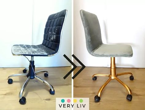 Velvet Desk Chair Makeover | Hometalk Desk Chair Makeover, Sew Piping, Velvet Desk Chair, Office Chair Makeover, Office Chair Diy, Diy Shelves Bathroom, Sustainable Diy, Pipe Decor, Chair Makeover