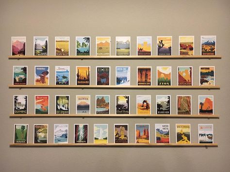 Jo Pang on Instagram: “Latest installment #usnationalparks #nps #andersondesigngroup #austintx #postcards #postcardcollection #findyourpark #adventure #explore…” Post Card Display Wall Art Ideas, Postcard Bedroom Decor, Postcard Exhibition Display, Display Postcards On Wall, Vintage Postcard Display Ideas Wall Art, Displaying Postcards On Wall, Travel Poster Wall Display, Post Card Decoration Wall Art, National Park Postcards Display