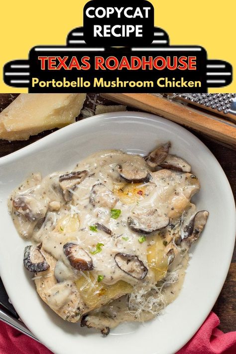 If you're looking for an easy and delicious slow cooker chicken recipe, look no further than the Portobello Mushroom Chicken Recipe, Texas Roadhouse Copycat. This copycat dish has tender herb-infused chicken breasts baked in a creamy portobello mushroom sauce. A slice of pepper jack cheese and a sprinkle of fresh parmesan crowns this easy dinner idea. Texas Roadhouse Portabella Mushroom Chicken, Smothered Chicken Texas Roadhouse, Slow Cooker Chicken And Mushroom Recipes, Texas Roadhouse Chicken Mushroom, Texas Roadhouse Portabella Chicken, Chicken Mushrooms Crockpot, Texas Roadhouse Copycat Recipes, Crockpot Mushroom Chicken, Portobello Chicken