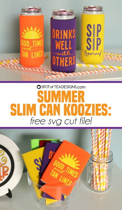 Slim Koozie Ideas Vinyl, Slim Can Koozie Ideas Vinyl, Cricut Summer Projects, Cricut Koozies Diy, Summer Cricut Projects, Koozie Ideas Vinyl Funny, Coozie Vinyl Ideas, Summer Koozies, Koozie Ideas Vinyl