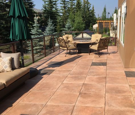 Traditional Rustic Terracotta color porcelain pavers on patio Patio Tiles Outdoor Flooring, Patio Tiles Outdoor, Terracotta Patio, Spanish Patio, Tiles Outdoor, Porcelain Pavers, Patio Railing, Outdoor Pavers, Patio Pavers Design