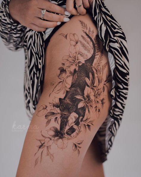 Mens Side Tattoos, Thigh Piece Tattoos, Black Panther Tattoo, Front Shoulder Tattoos, Jaguar Tattoo, Floral Thigh Tattoos, Leopard Tattoos, Hip Thigh Tattoos, Panther Tattoo