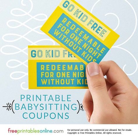 Every parent needs a night off from time to time, so why not gift your favorite mom and/or dad with a go kid free babysitting coupon? Free Babysitting Coupon, Babysitting Coupon, Neat Gift Ideas, Online Baby Shower, Christmas Coupons, Printable Tickets, Rock Family, Free Printable Coupons, Night Off