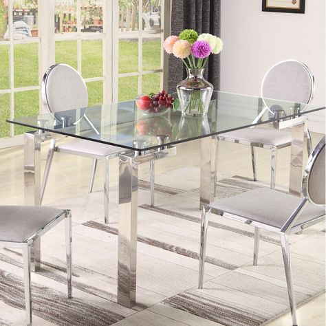 Wade Logan® Ondina Glass Top Metal Base Dining Table & Reviews | Wayfair Glass Dining Table Decor, Dining Table Glass, Stainless Steel Dining Table, Metal Base Dining Table, Glass Dining Room Table, Steel Dining Table, Glass Top Dining Table, Chair Options, Table Glass