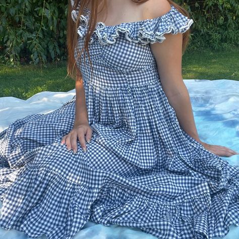 A woman wearing a gingham dress sits on a picnic blanket Gingham Aesthetic, Cottagecore Picnic, European Summer Aesthetic, Blue Gingham Dress, Cottagecore Vibes, Dress Fairy, Pi Phi, Phi Mu, Cottagecore Dress