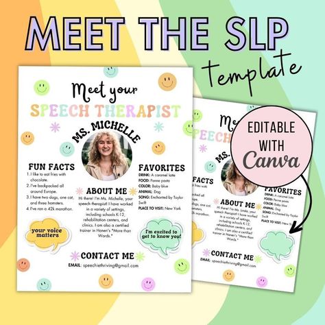 Meet The Slp Template, School Speech Therapy, Speech Pathologist, Slp Activities, School Slp, Speech Path, Speech Therapy Materials, Speech Language Pathologist, Speech Room