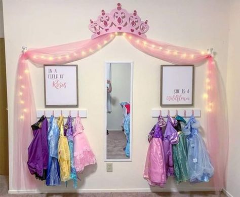 Princess Dress Wall, Dress Up Room Ideas, Disney Princess Nursery Baby Girl, Dress Up Wall Ideas, Toddler Disney Princess Room, Disney Princess Kids Room, Dress Up Area Girls Room, Disney Princess Bedroom Ideas Toddler, Dress Up Corner For Girls Room