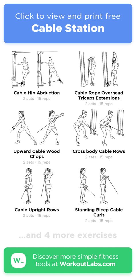 Cable Station – click to view and print this illustrated exercise plan created with #WorkoutLabsFit Pulley Gym Workout, Cable Machine Exercises For Women, Cable Station Workout For Women, Gym Workout Machines Woman, Pulley Cable Exercises, Leg Pulley Workout, Cable Station Workout, Cable Full Body Workout, Full Body Cable Machine Workout Women