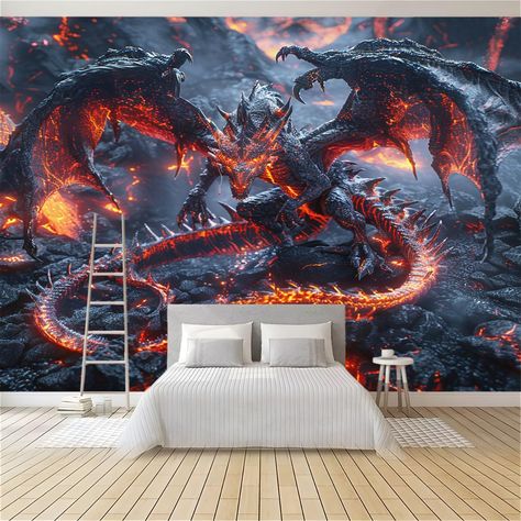 PRICES MAY VARY. Mural Wallpaper Size: Total size is W118" x H83"(300x210cm), This mural is cut into 6 strips for easy installation, each size is in W19.7"xH83". Simply follow the numerical sequence during installation for a seamless splicing, have fun with DIY decoration, This no overlapping mural can be quickly adds an amazing look to your walls High Quality Material: The mural wallpaper made of high quality robust nonwoven fabric material, Environmental friendly, bubble Free, odourless, abras Magma Dragon, Procreate Building, Bedroom Wallpaper Mural, Bedroom Inspirations For Small Rooms, Murals Home, Bedroom Wallpaper Murals, Dragon Flame, 3d Murals, Budget Bedroom