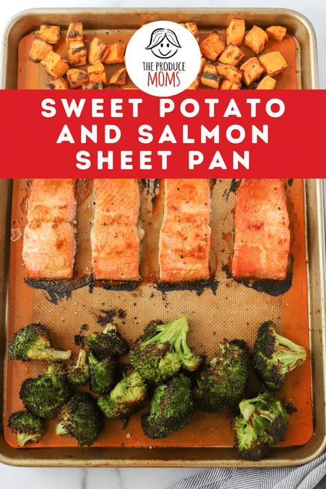 Easy sheet pan dinner Sweet Potato And Salmon, Good Sweet Potato Recipe, Salmon Broccoli, Sheet Pan Salmon, Pan Salmon, Salmon And Sweet Potato, Salmon And Broccoli, Course Ideas, Pan Recipe