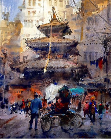 Bhaktapur Durbar Square, Nepal Kathmandu, Durbar Square, Watercolour Landscape, Detailed Paintings, Kathmandu Nepal, Watercolor Landscape Paintings, Color Painting, Plein Air Paintings