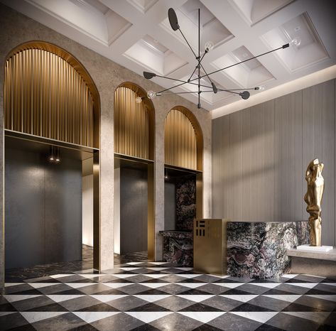 Sweeny&Co Architects | 123 Portland Elevator Lobby, Lobby Interior, Black And White Tiles, Lobby Design, New Condo, Hotel Interior, Coffered Ceiling, Design Strategy, Hotel Lobby