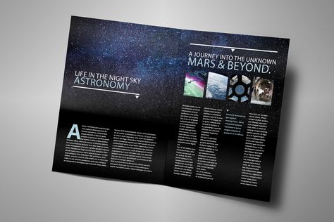 Space/Astronomy Based Brochure/magazine design & layout. Need a quote for your mail & marketing campaign? Visit www.centralmailing.co.uk Astronomy Magazine, Space Magazine Layout, Travel Magazine Layout, Travel Book Design, Magazine Layout Inspiration, Travel Brochure Template, Zine Design, Newspaper Design, Magazine Layout Design