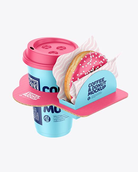 Coffee Cup with Donut in Holder Mockup Breakfast Ideas Packaging, Doughnut Box Design, Packaging Design Coffee Cup, Coffee Shop Needs, Donut Cafe Design, Doughnut Packaging Ideas, Breakfast Package Ideas, Paper Cup Design Packaging, Breakfast Box Packaging