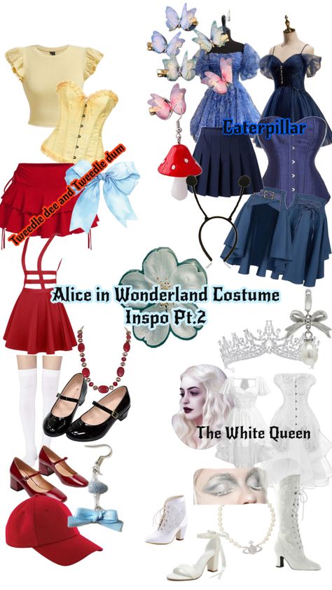 Alice in wonderland costume. Tweedle Dee and Tweedle dum, the White Queen and the Caterpillar Diy White Queen Costume Wonderland, Alice In Wonderland Rave Outfit Ideas, Alice In Wonderland Rave Outfit, Alice In Wonderland Costume Ideas, White Queen Costume, Tim Burton Party, Alice In Wonderland Outfit, Tweedle Dum, Alice In Wonderland Tea Party Birthday