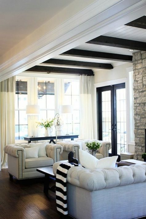 dark wood beams + beaboard ceiling | stone fireplace | linen sofa & chairs Houses Architecture, Jillian Harris, Transitional Living Rooms, Kitchen Area, A Living Room, Living Room Inspiration, Home Fashion, Home Decor Inspiration, Small Kitchen