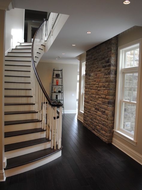 Dark hardwood flooring, staircase with white/dark wood contrast, extra large floorboards Spiral Staircases, Architectural Design Studio, Traditional Staircase, Light Hardwood, Hardwood Floors Dark, Dark Wood Floors, Wood Look Tile, Inspirational Design, Ideas Pictures