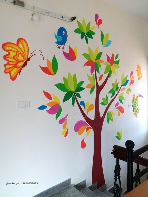 Wall panting ideas School Wall Art Creative, Paint Classroom Walls, Preschool Wall Painting, Wall Tree Painting, Primary School Wall Painting Ideas, School Wall Mural, School Wall Design, Murals School, School Wall Painting Ideas