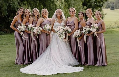 Gray Wedding Party, Classy Bridesmaid Dresses, Mauve Bridesmaid, Mauve Bridesmaid Dress, Bridesmaid Dresses Satin, Mauve Wedding, Bridesmaids Dress Inspiration, Dark Mauve, Birdy Grey