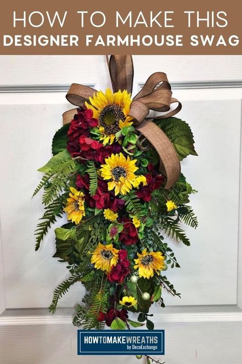 Sunflower Swag, Swag Wreaths, Farmhouse Swag, Diy Swag, Swag For Front Door, Front Door Swag, Door Swags, Fall Swags, Easy Diy Wreaths