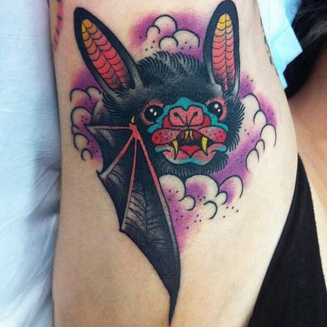 Bat Cute Bat Tattoo, Bat Tattoo Design, Bats Tattoo Design, Traditional Tattoo Inspiration, Bat Tattoo, Flash Tattoo Designs, Spooky Tattoos, Cute Bat, Tattoo Cover-up