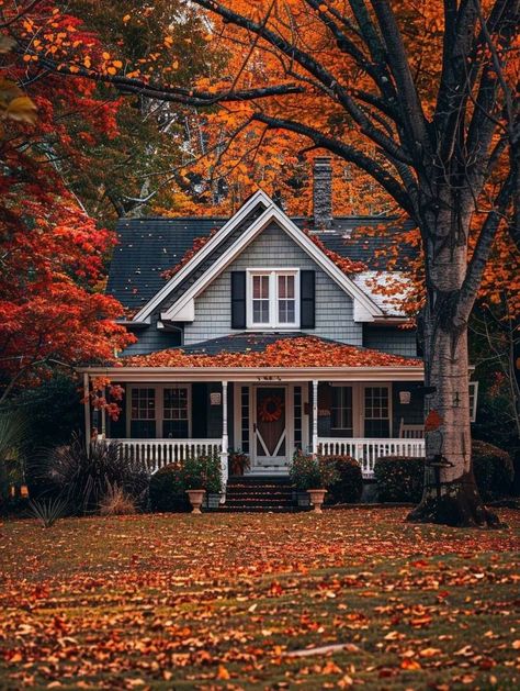 Fall House Exterior, Fall Houses Exterior, House Exterior Ideas, Country Cottage Living, Cozy Porch, Ideas For Autumn, Fall House, Green Shutters, Fall Cottage