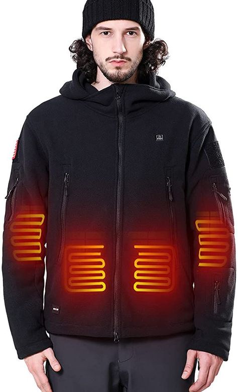 DEWBU Heated Jacket, Polar Fleece Heated Coat with 12V Battery Pack, 5 Heating Panels 3 Temperature Level for Winter Outdoor Sport, Ice Skating, Hunting, Work Heated Jacket, Hunting Season, Electric Heating, Black Camo, Detachable Hood, Polar Fleece, Battery Pack, Ice Skating, Fleece Fabric