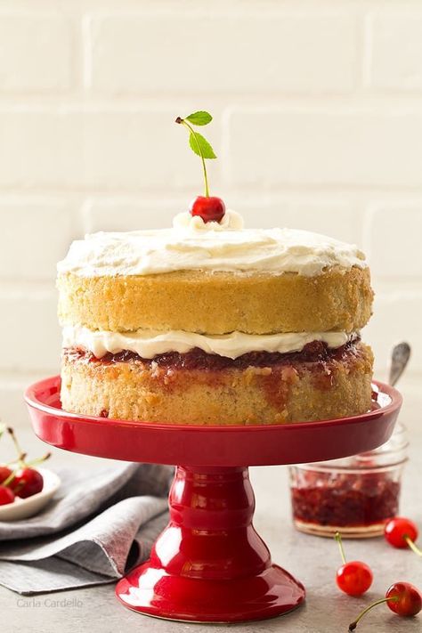 Cherry Vanilla Layer Cake with a cherry filling in between two layers of vanilla cake from scratch. Made in 6 inch round cake pans. Cherry Vanilla Cake Recipe, Vanilla Cake From Scratch, Small Chocolate Cake, Vanilla Layer Cake, Cake Flour Substitute, Small Batch Baking, Cherry Vanilla, Cherry Filling, Torte Cupcake