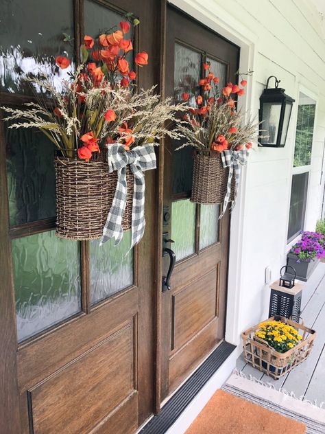 The 12 Best Wall Hanging Baskets | French Creek Farmhouse Fall Baskets, Fall Hanging Baskets, Door Baskets, Front Door Baskets, Fall Basket, Basket Wreath, Wall Hanging Basket, Fall Front Porch, Home Decor Baskets