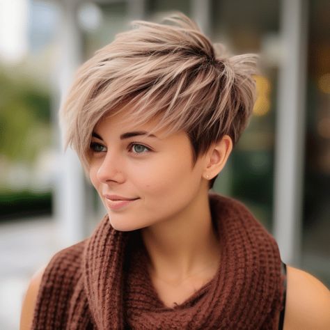 73 Cute Short Layered Haircut Ideas Short Bob Haircuts With Layers Fine Hair, Short Edgy Pixie Haircut, Asymetrical Haircut Edgy, Medium Pixie, Short Asymmetrical Haircut, Layered Pixie Haircuts, Feathered Layers, Edgy Pixie, Hair Color Caramel