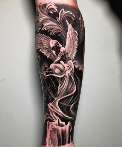 Candle with smoke and Angel tattoo Religous Tattoo, Angel Sleeve Tattoo, Mangas Tattoo, Candle Tattoo, Skull Sleeve Tattoos, Realistic Tattoo Sleeve, Men Tattoos Arm Sleeve, Forarm Tattoos, Forearm Sleeve Tattoos