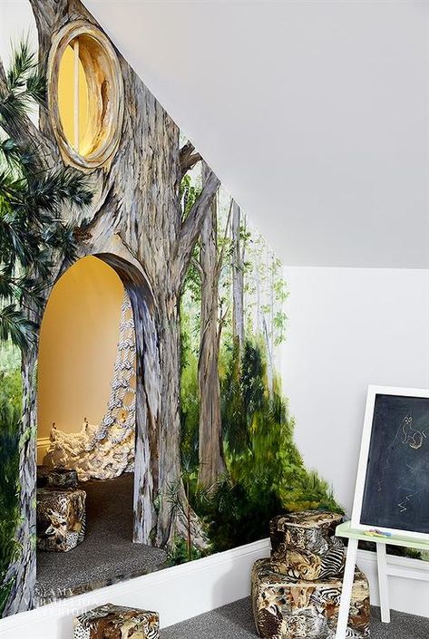 Forest Murals On Wall, Hobbit Wall Mural, Tree Themed Bedroom, Diy Forest Mural Nursery, Diy Forest Mural Bedroom, Wall Painting Ideas Forest, Forest Playroom Ideas, Enchanted Forest Wall Mural, Nature Themed Playroom