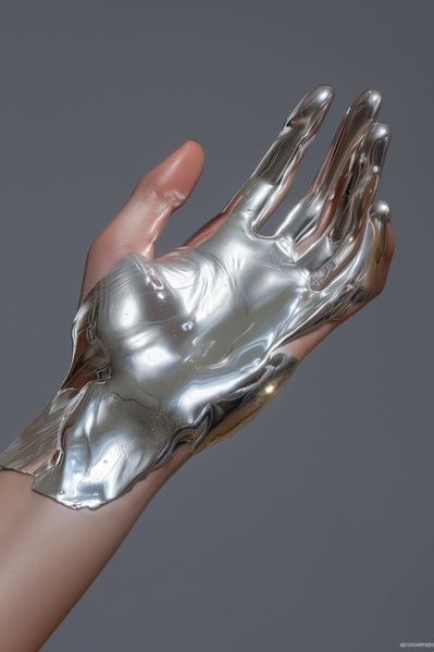 A PersonS Hand Is Covered in Aluminum Foil like Material Metallic Moodboard, Silver Fashion Aesthetic, Silver Moodboard, Futuristic Moodboard, Nail Metallic, Chrome Fashion, Shiny Aesthetic, Metallic Aesthetic, Futuristic Elegance