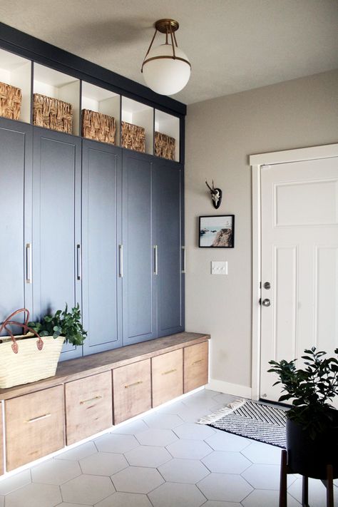 Navy Blue Mudroom Lockers, Modern Mudroom Lockers, Armoire Mudroom, Mudroom With Fridge, Lockers In Mudroom, Dream Mudroom, Mudroom Design Ideas, Mudroom Cubbies, Mudroom Remodel